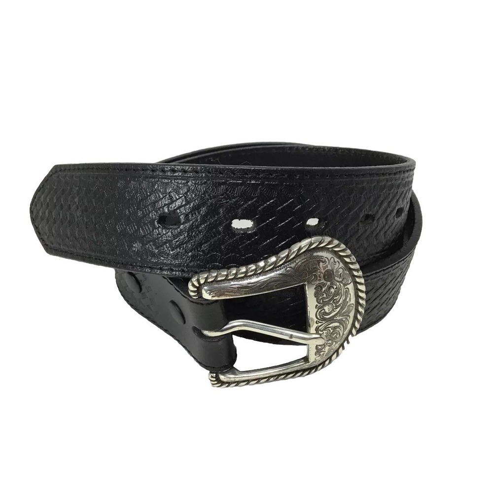Nacona Black Tooled Leather Siver Hardware Western Belt Rodeo 37"x1.5"